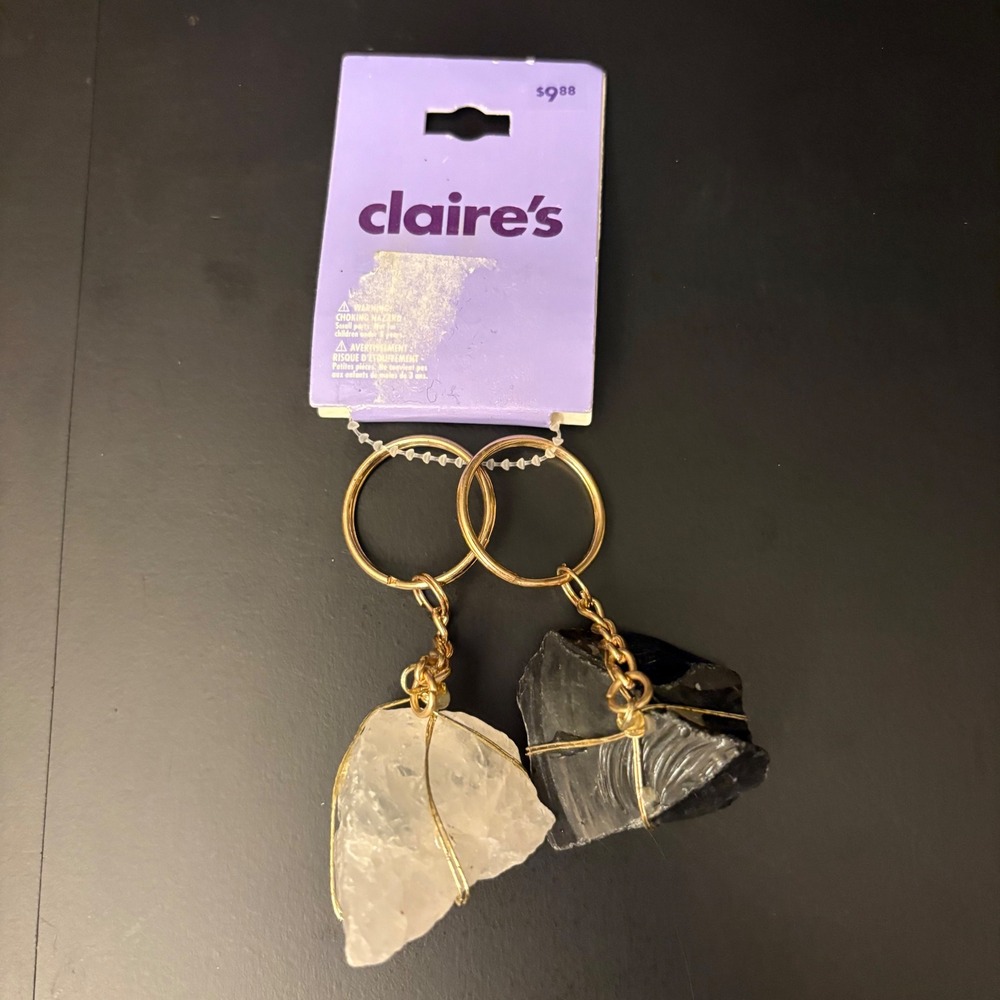 NWT Claire's Crystal Quartz Obsidian Raw Rock Wrapped Keychain Gold Tone